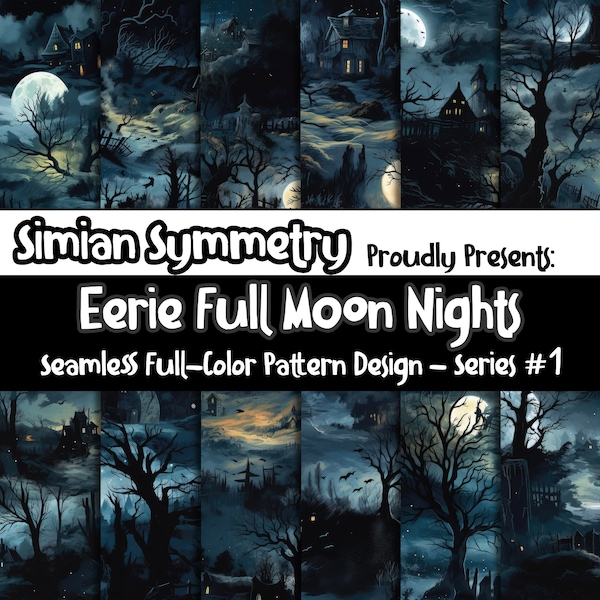 Full Moon Eerie Digital Paper / Eerie Glow Seamless Tiles / Modelli mistici al chiaro di luna / Scena di Halloween / Scrapbook del paesaggio notturno
