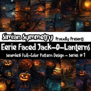 May include: A seamless pattern design featuring jack-o'-lanterns with eerie faces in a dark forest setting. The design is full-color and includes a variety of jack-o'-lantern expressions, trees, and other Halloween elements.