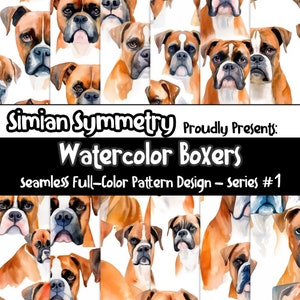 Könnte beinhalten: Ein nahtloses Musterdesign mit Aquarell-Illustrationen von Boxerhunden in verschiedenen Posen. Das Muster ist in Braun-, Weiß- und Schwarztönen gehalten und eignet sich perfekt für die Verwendung in einer Vielzahl von kreativen Projekten.
