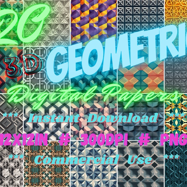 20 3D Geometric Digital Paper Designs- Commercial Use Digital Paper -12x12in- Geometric Sublimation Pattern Image- Scrapbook Background