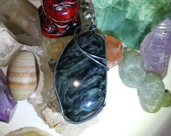 Peacock obsidian silver wirewrap pendant