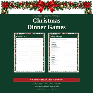 Può includere: Un set di giochi per la cena di Natale con due fogli stampabili intitolati Holiday A to Z e Merry Mix-Ups. Le pagine hanno uno sfondo verde scuro con un bordo festivo di agrifoglio, bacche e un fiocco rosso nella parte superiore.