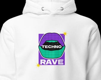 Sudadera unisex Techno Lips, sudadera con capucha para festivales EDM, sudadera con estampado retro rave, ropa urbana psicodélica