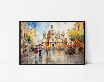 Rome Street Watercolor Framed Poster: Italy Cityscape Wall Art