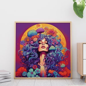 K&ouml;nnte beinhalten: Eine digitale Illustration einer Frau mit langen, flie&szlig;enden lila und blauen Haaren. Ihre Haare sind mit bunten Blumen und Pilzen geschm&uuml;ckt. Der Hintergrund ist ein leuchtendes Lila mit einem gro&szlig;en, gelben Mond.
