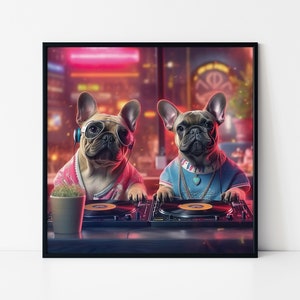 Cool Bulldogs Djs playing Music in a Club Framed Poster, Two French Bulldogs as Dj, Dogs Lovers, Bulldogs Djs, Rave Techno Dogs, Wall Art