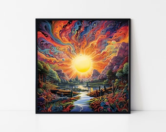 Psychedelic Sunrise Framed Poster, Colorful Sun Rays in Psychedelic Style Painting, Psychedelic Wall Art, Psychedelic Sunrise Field Poster.