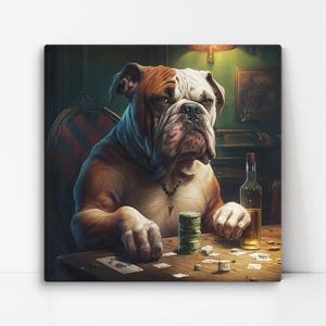 Impresión en lienzo de Bulldog Poker Night, perro juguetón bebiendo y jugando a las cartas, arte de pared premium para amantes de los animales, regalo para amantes de los perros, decoración de sala de póquer
