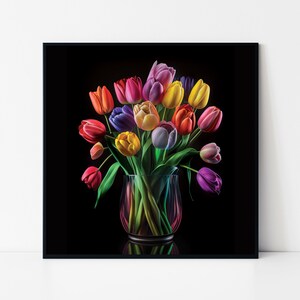 May include: A bouquet of colorful tulips in a clear glass vase against a black background. The tulips are red, orange, yellow, purple, and pink.