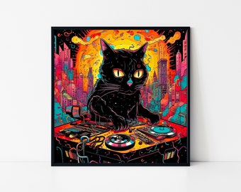 Psychedelisches Black Cat DJ Gerahmtes Poster - Bunte Trippy Musik Kunstdruck für das Wohndekor