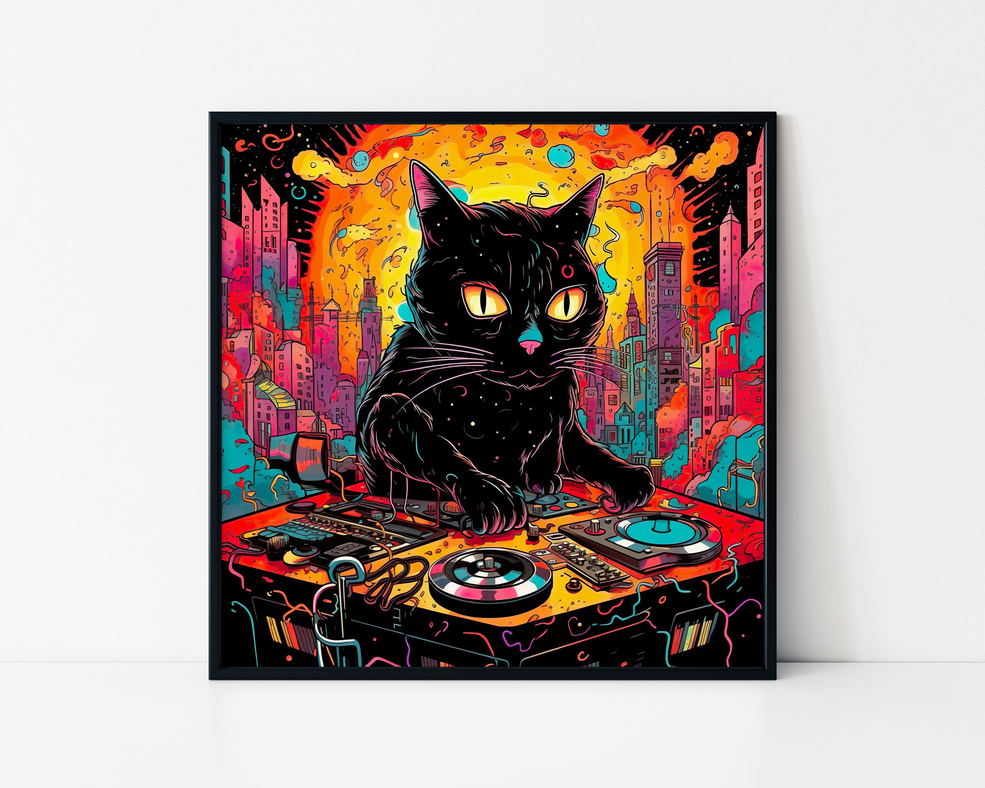 Psychedelic Black Cat DJ Framed Poster – Colorful Trippy Music Art