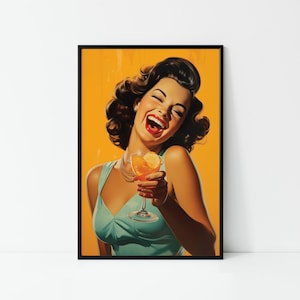 Vintage Poster: Woman Laughing with Drink, Retro Wall Art, Framed Print, Cocktail Pinup Girl Vintage, Retro Decor, Pinup Vintage Poster.
