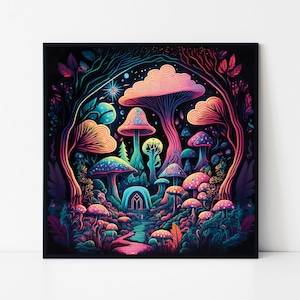 Psychedelic Neon Magic Mushrooms Framed Poster, Trippy Forest Wall Art, Psychedelic Mushroom Illustration, Colorful Trippy Poster.
