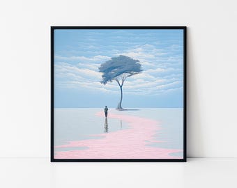 May include: Framed art print featuring a surreal landscape. A lone figure walks towards a tree on a pink path, set against a blue sky with white clouds. The tree has a full canopy. The artwork is framed in a black border.