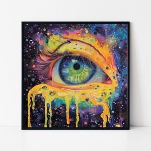 Psychedelic Eye Closeup with Melting Colors Framed Poster, Psychedelic Eye Poster, Colorful Trippy Eye Poster, Cosmos Eye Psychedelic Art.