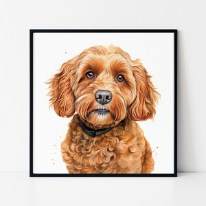 May include: A framed watercolor print of a Cavapoo dog. The dog has a brown, curly coat, dark eyes, and a black collar. The artwork is set against a white background, with a black frame.