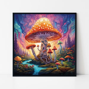 Psychedelic Magic Mushrooms Framed Poster, Psychedelic Wall Art, Surrealist Magic Mushrooms Poster, Trippy Poster, Psychedelic Forest.