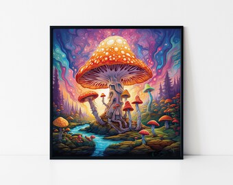Psychodeliczny Las Grzybów – Kolorowy, psychodeliczny plakat w ramce z motywem fantasy
