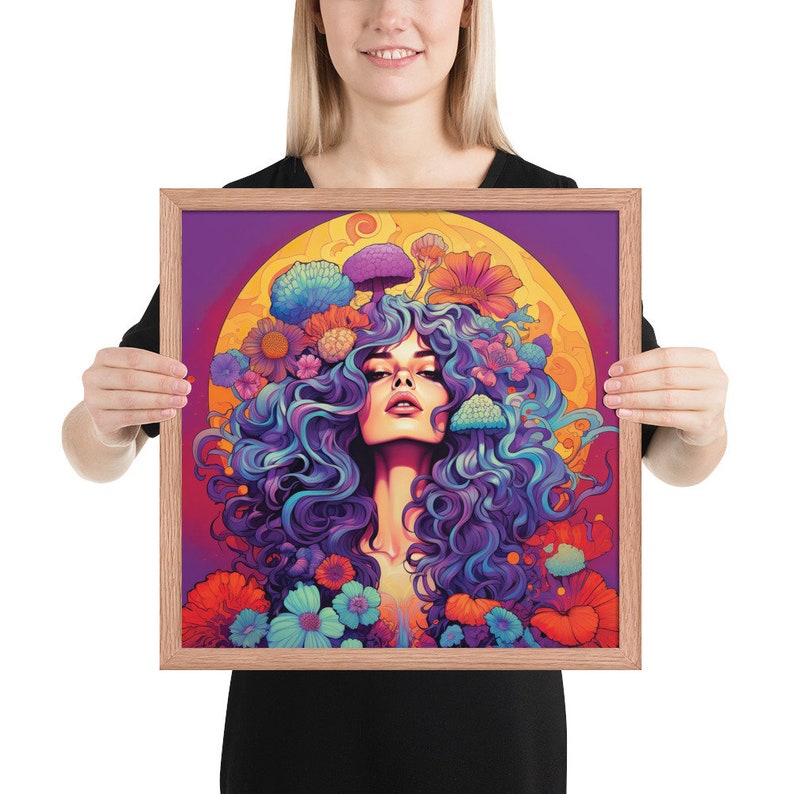 Colorful Psychedelic Illustration of a Woman Framed poster, Psychedelic Wall Art, Psychedelic Woman Portrait Poster, Wall hanging.