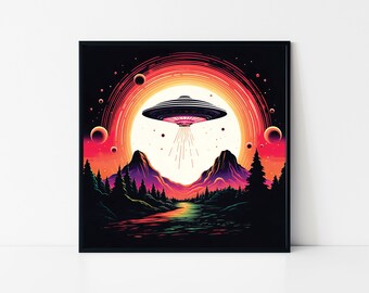 Kosmische UFO-Landung - Lebendiges Retro Sci-Fi gerahmtes Poster