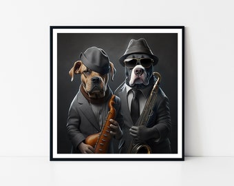 Gangsta Dogs Playing Jazz Framed Poster, Wall Art, Canine Jazz Portrait, Formal Dogs in Suits, Animal Lovers Gift, Unique Home Decor, Fun