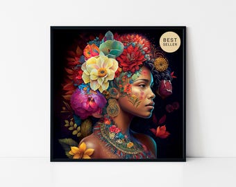 Póster enmarcado con retrato floral de mujer: elegante arte mural, decoración botánica femenina