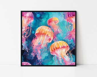 クラゲのサイケデリックアートプリント：明るい黄色のミニマリスト壁