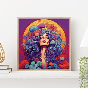 K&ouml;nnte beinhalten: Eine digitale Illustration einer Frau mit lila und blauen Haaren, umgeben von bunten Blumen und Pilzen. Der Hintergrund ist ein lilafarbener Verlauf mit einem gelben Mond.