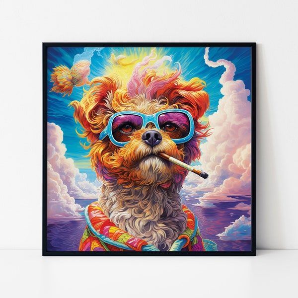 Portrait de chien fumant affiche encadrée, chien psychédélique fumant et portant des lunettes de soleil, portrait de chien Cool Trippy, tenture murale, amoureux des chiens.