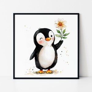 Pinguin gerahmtes Plakat, Kinderzimmer Wandkunst, niedlicher Pinguin mit einer Blume Aquarell, Kinderzimmer Niedliche Kunst, Wandbehang gerahmtes Plakat.