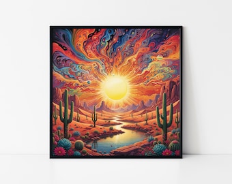 Psychedelische woestijnzonsondergang – Trippy landschapsmuurkunst, levendige kleurrijke ingelijste poster