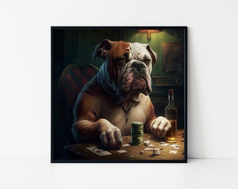 Dog Drinking and Playing Poker Framed poster, Bulldog Playing Poker Framed Poster, Dog Wall Art, High Quality Framed Poster, Animal Lovers