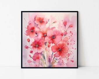 Quadro decorativo com flores em aquarela rosa – Pôster floral botânico emoldurado