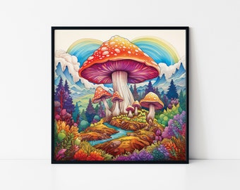 Colorful Fantasy Mushroom Landscape – Psychedelic Nature Framed Poster