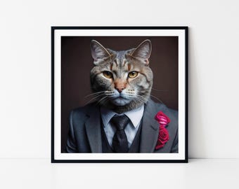 Classy Cat in Suit – Elegant Pet Portrait Framed Poster