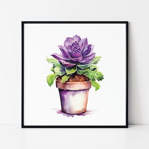 Puede incluir: Pintura acuarela de una planta suculenta morada en una maceta de terracota. La planta tiene hojas verdes y está en una maceta blanca con un borde marrón.