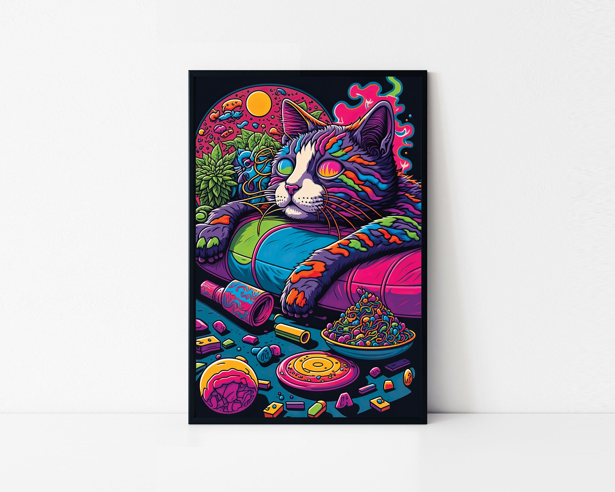 Stoned Laidback Cat Framed Poster, Relaxed Stoned Cat Illustration, Trippy Cat, Wall Art, Decoration, Psychedelic Cat Stoned and Relaxed.