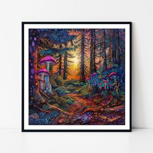 Bosque psicodélico de secuoyas, setas mágicas, cartel enmarcado psicodélico, bosque psicodélico, selva psicodélica, bosque de senderismo psicodélico.
