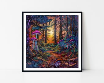 Psychedelic Redwood Forest – Ingelijste poster met betoverend paddenstoelenlandschap