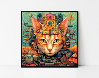Arte de gato con máquina mental: póster enmarcado surrealista y futurista
