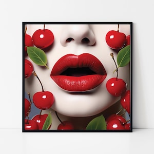 Cherry Lips Framed Poster, Glossy Red Lips with Cherries Wall Art, Surreal Bold Pop Art Decor, Red Lip Art Print, Glam Feminine Wall Decor