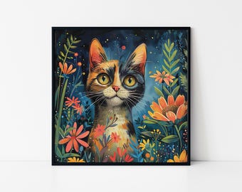 Calico Garden Cat - Lebendiges Blumenkunst-Poster mit Rahmen