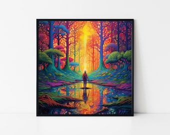 Man Hiking in Psychedelic Forest Framed Poster, Psychedelic Forest Wall Art, Wall hanging, Colorful Psychedelic Nature, Trippy Forest.