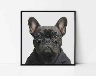 French Bulldog Portrait – Dog in Glasses Framed Poster
