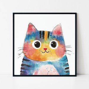 Cute Cat Framed Poster, Nursery Room Wall Art, Cute Colorful Cat Watercolor, Nursery Room Cute Art, Wall Hanging Poster, Cat Kids Drawing.