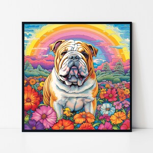 Bulldogge in einem Bunten Blumenfeld Gerahmtes Poster, Zeichnung einer Bulldogge mit Bunten Blumen, Hund liebt, Wandkunst, Hundeportrait Poster