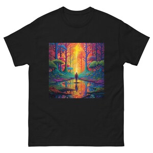 Trippy Forest T-Shirt | Man Hiking in Psychedelic Landscape | Surreal Nature Tee | Colorful Psychedelic Art Shirt | Unisex Graphic Tee