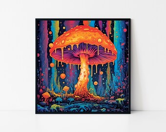 Skurrile Pilz-Landschaft - Psychedelische Fantasy-Wandkunst, gerahmtes buntes Trippy-Poster