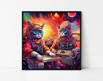 Póster enmarcado de gatos astronautas psicodélicos: Aventura espacial cósmica