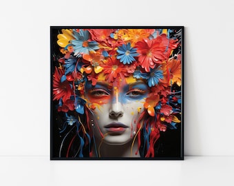 Bloemen portret vrouw – Levendige, kleurrijke, surrealistische kunst ingelijste poster